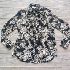 CAbi Womens Black Cream Floral Sheer Ruffle Button Front Blouse Size‎ Medium